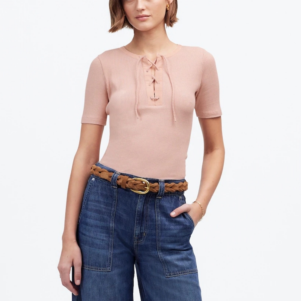 Madewell Ribbed Lace-Up Short-Sleeve Tee